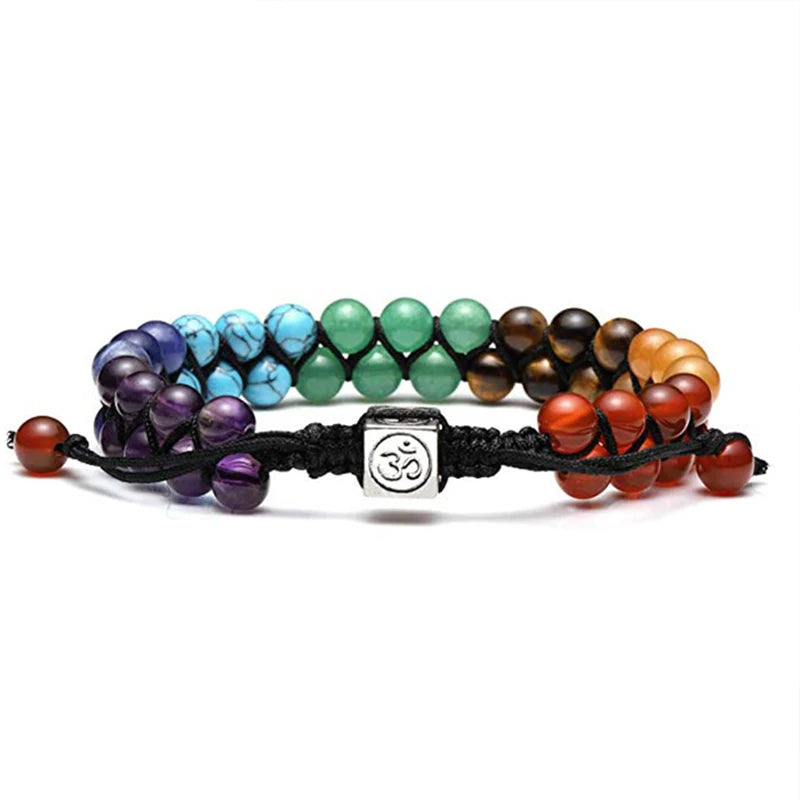 Double Layer Natural Healing Stone Bracelet White 7 Chakra Indian Yoga Beads Bracelet Adjustable Braided Rope Jewelry Gifts