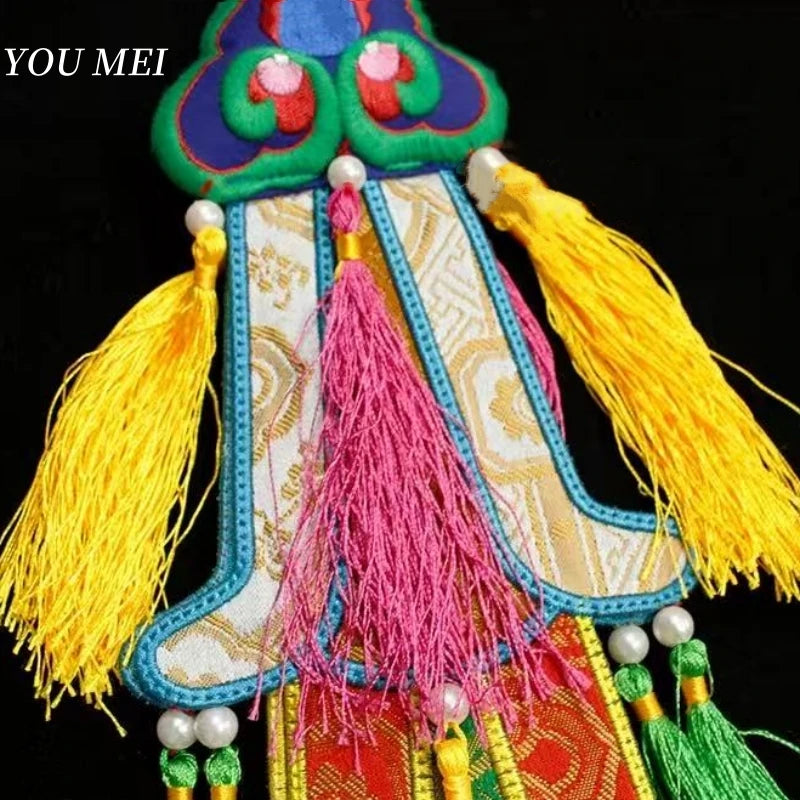 Nepal Handmade Hexagonal Tassel Flag,Colorful Tibetan Embroidery Decorative Handicrafts,Auspicious Hand Drum Flags Buddhist Item