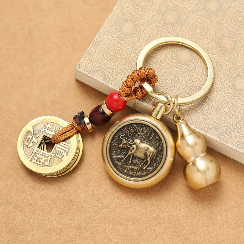 Brass Five Emperors Money Twelve Zodiac Key Chain Turnaround keyChain For Gfit Car Accessories Popular  In Scenic Spots