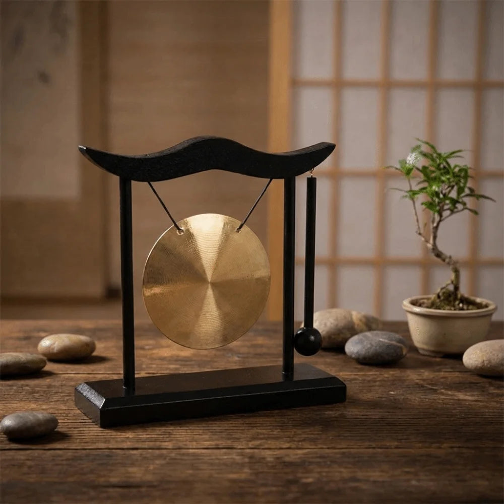Retro Relaxation Desktop Gong Fortune Creative Copper Bell High Volume Wood Frame Feng Shui Metal Cymbals House Warming