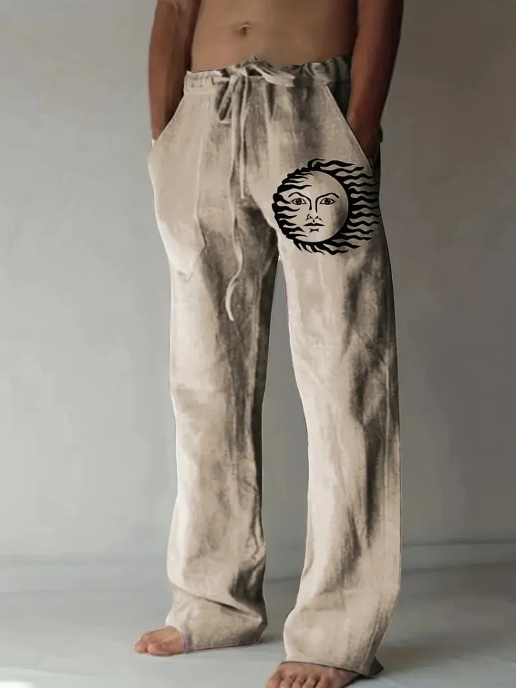 Retro Compass Printed Men's Casual Pants Harajuku Street Trendy Men's Straight Leg Pants Casual High Waisted Drawstring Pants