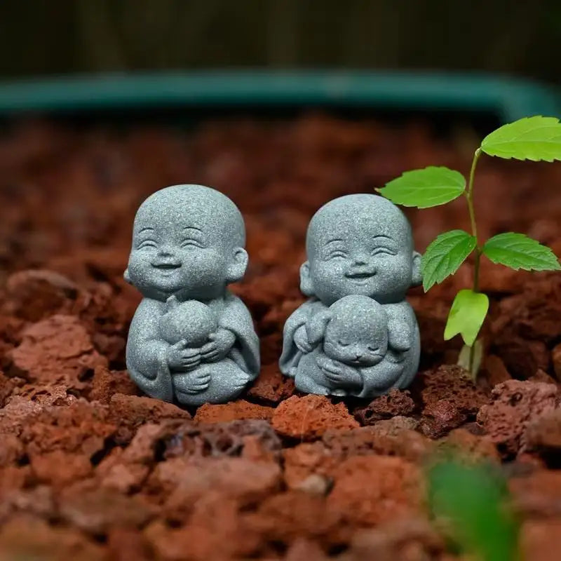 ✔Embracing Animal Monk Statue,Sandstone Finish Zen Baby Buddha Figurine,Mini Spiritual Decor for Home,Office & Garden