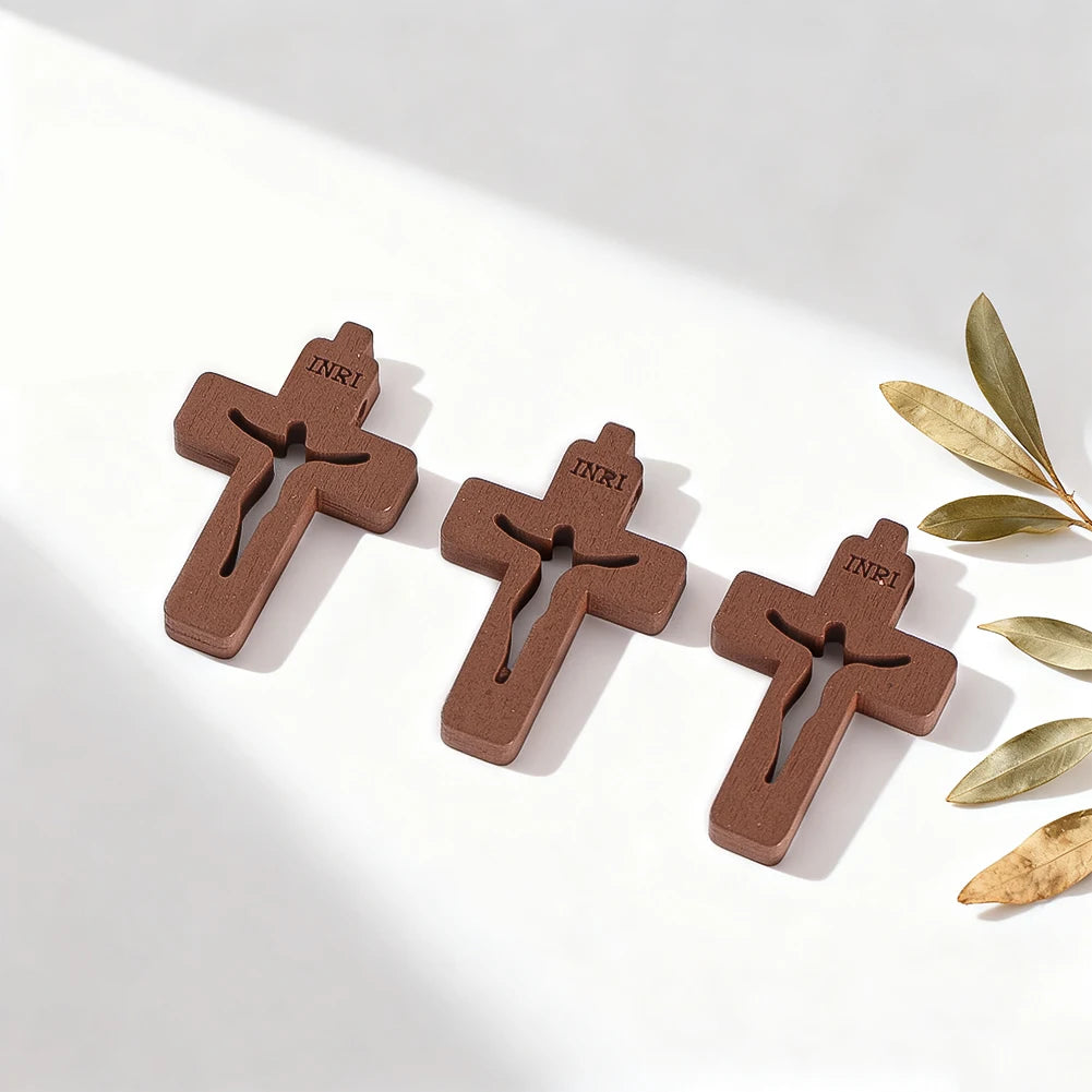 10pcs Mini Wooden Crosses Pendants INRI Jesus Crucifix Prayer Cross Christian Easter Decor Baptism Gift DIY Jewelry Keychain