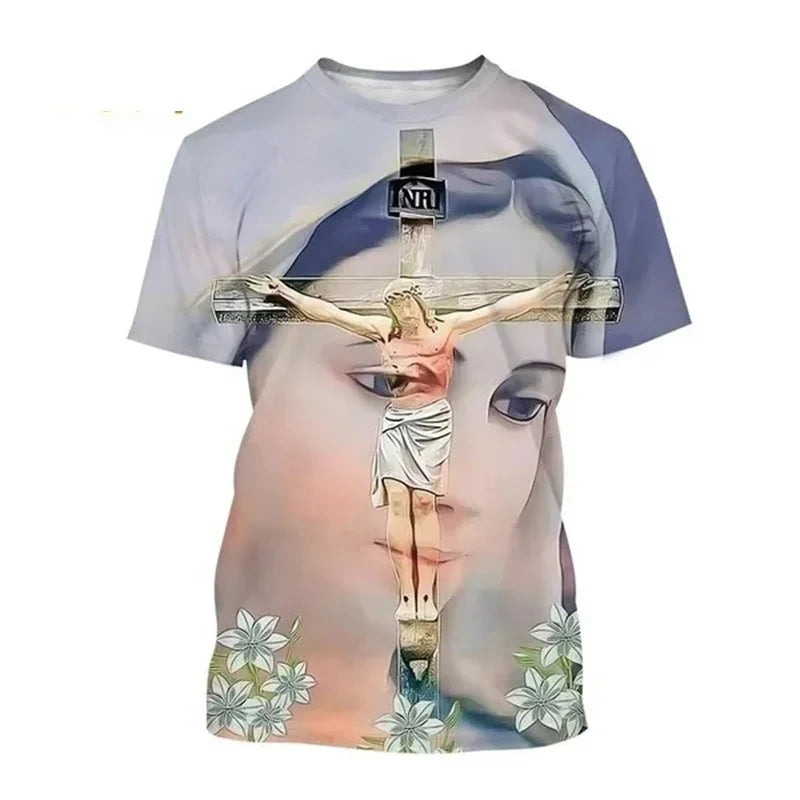 Christian Mother Of God Virgin Mary Jesus Loves Casual Tee Tops Short Sleeve Women's Men Adult and children's clothing Tshirt