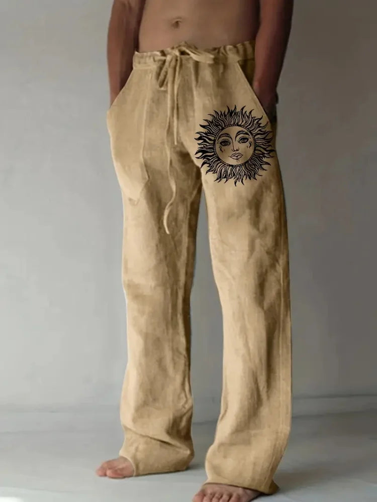 Retro Compass Printed Men's Casual Pants Harajuku Street Trendy Men's Straight Leg Pants Casual High Waisted Drawstring Pants