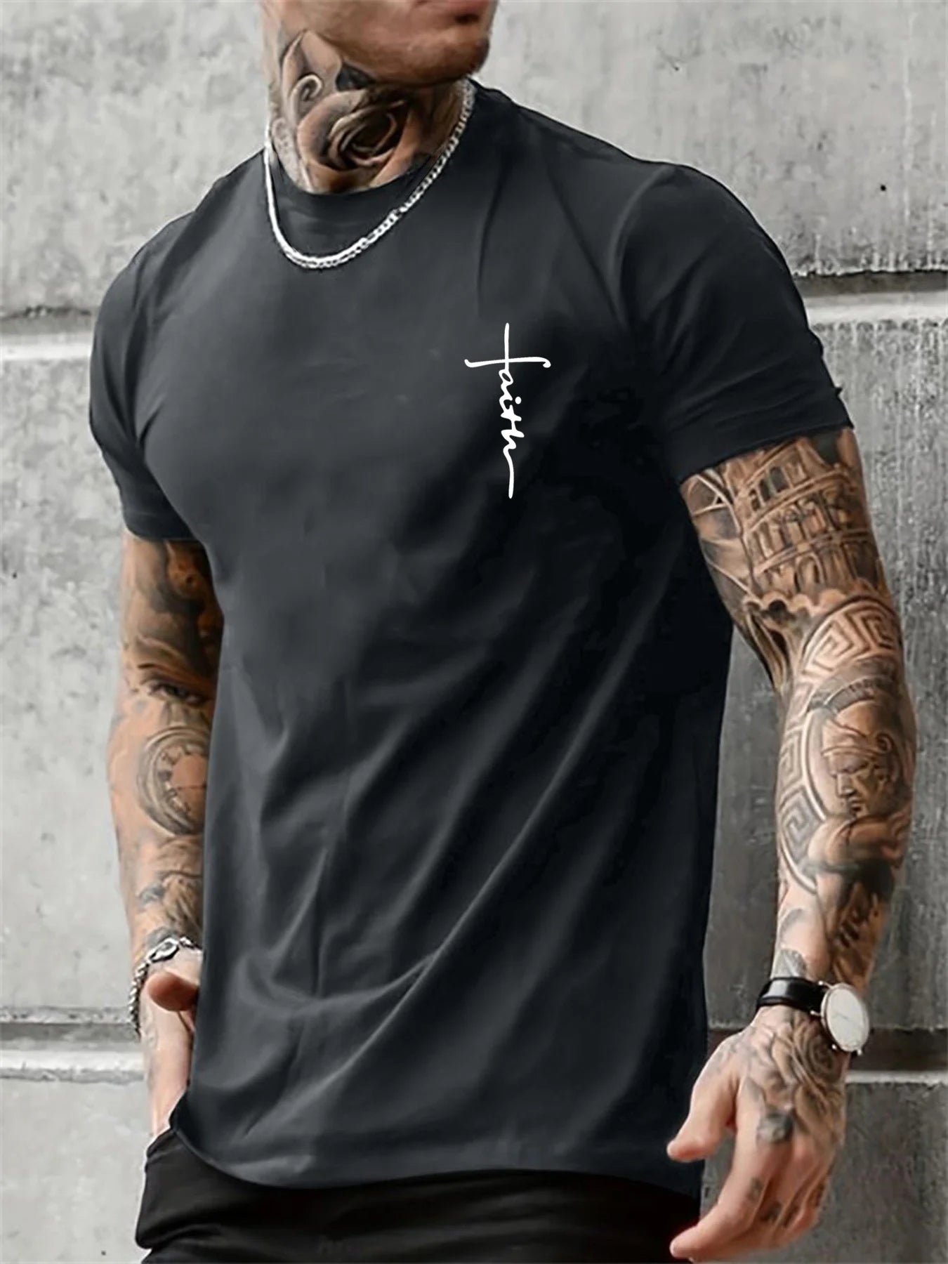Summer men's 100% pure cotton casual loose fit plus size cross faith pattern printed round neck short sleeved T-shirt top
