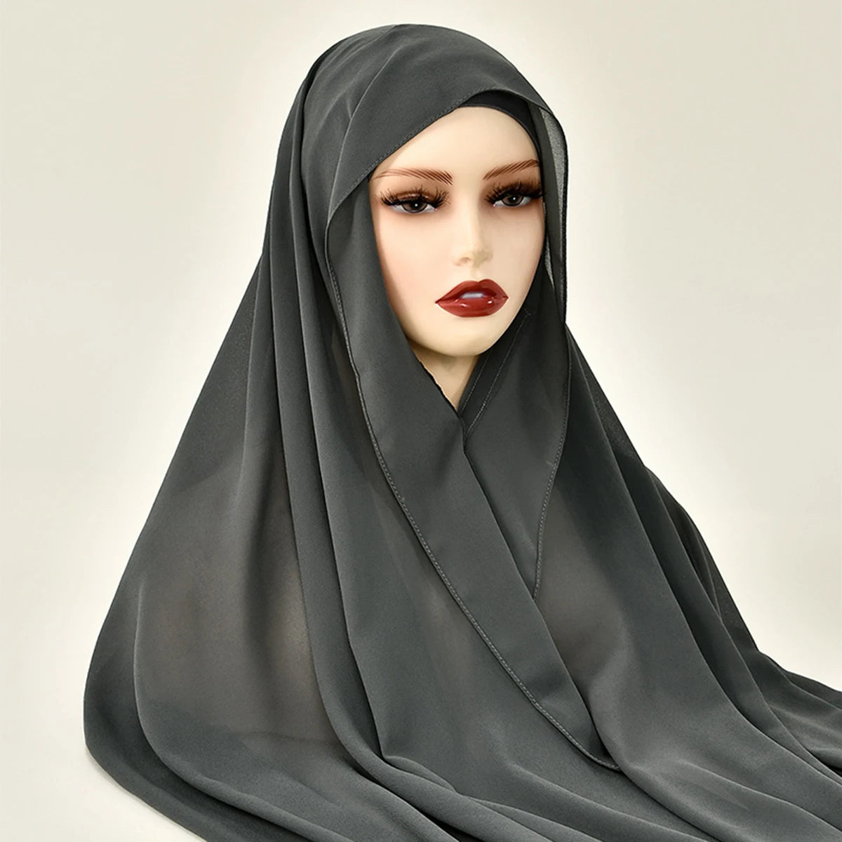 Premium Chiffon Hijab With Bulit-in Magnets Solid Color Easy To Wear Shawl Wrap With Undercap For Muslim Women