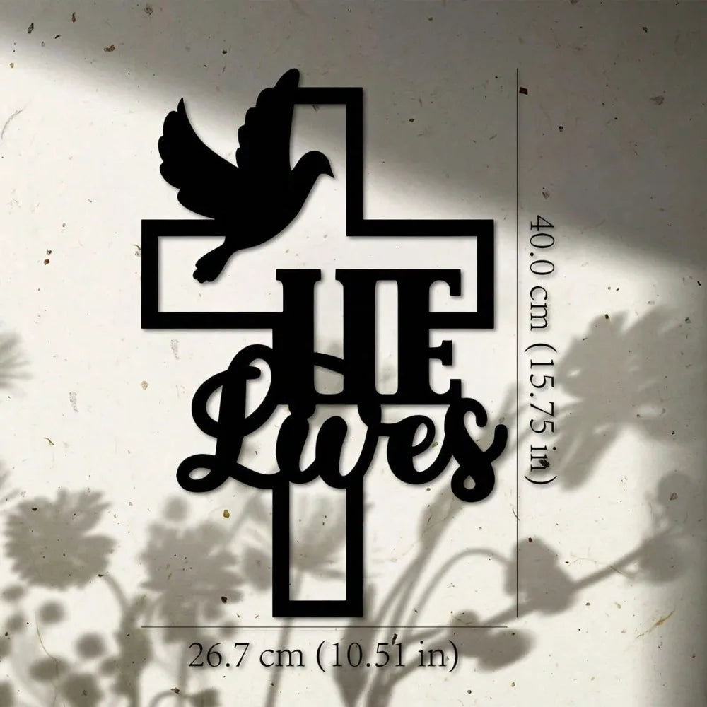 Faith Hope Love Christian Cross Metal Wall Art 15.75in Black Gold Dove Home Decor