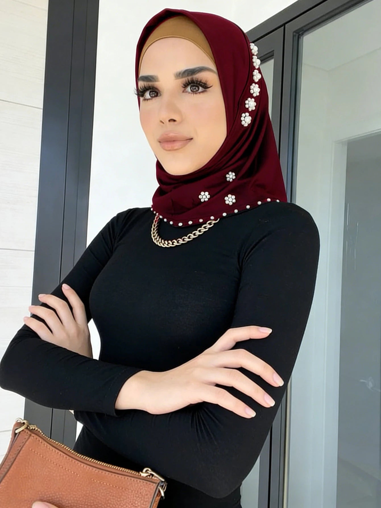 Trendy Muslim Instant Hijab Beads Bonnet Stretch Scarf Islamic Headband Jersey Hijab Headwrap Turbante for Women