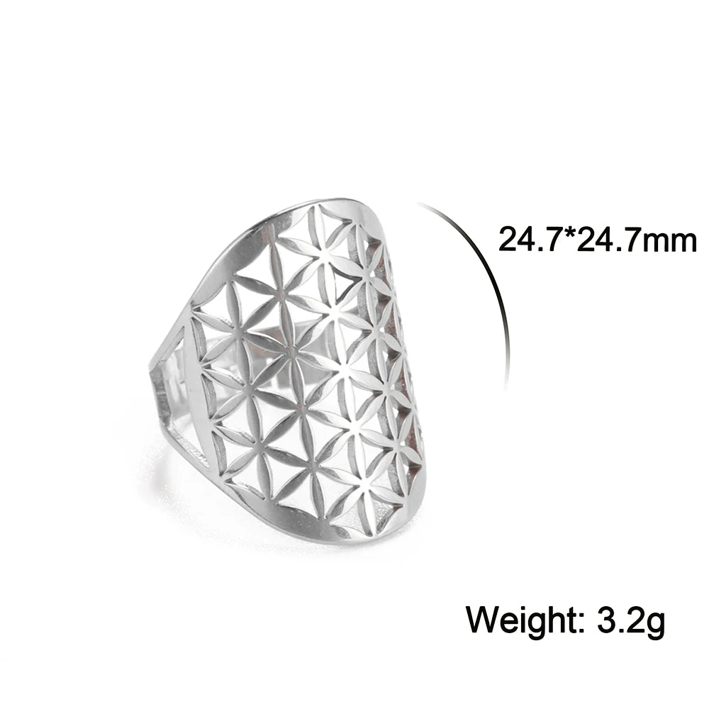 Unift Sacred Geometry Flower of Life Ring Adjustable Stainless Steel Ring Men Women Accessories Vintage Filigree Jewelry Gifts