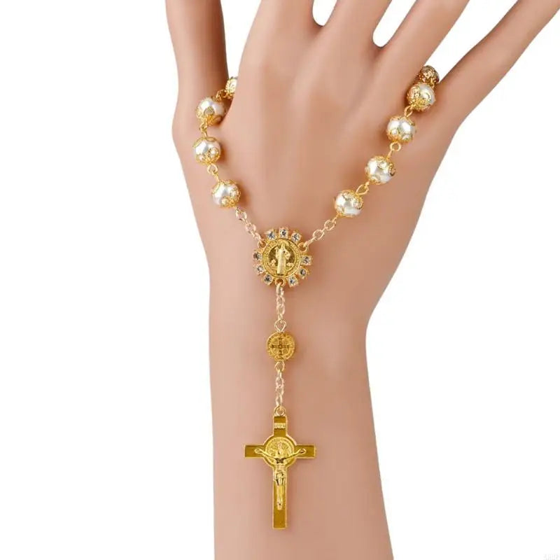 A52E One Decade Auto Rosary Beads Catholic Bracelet Saint Benedict Crucifix Divine Mercy Gift for Women Men
