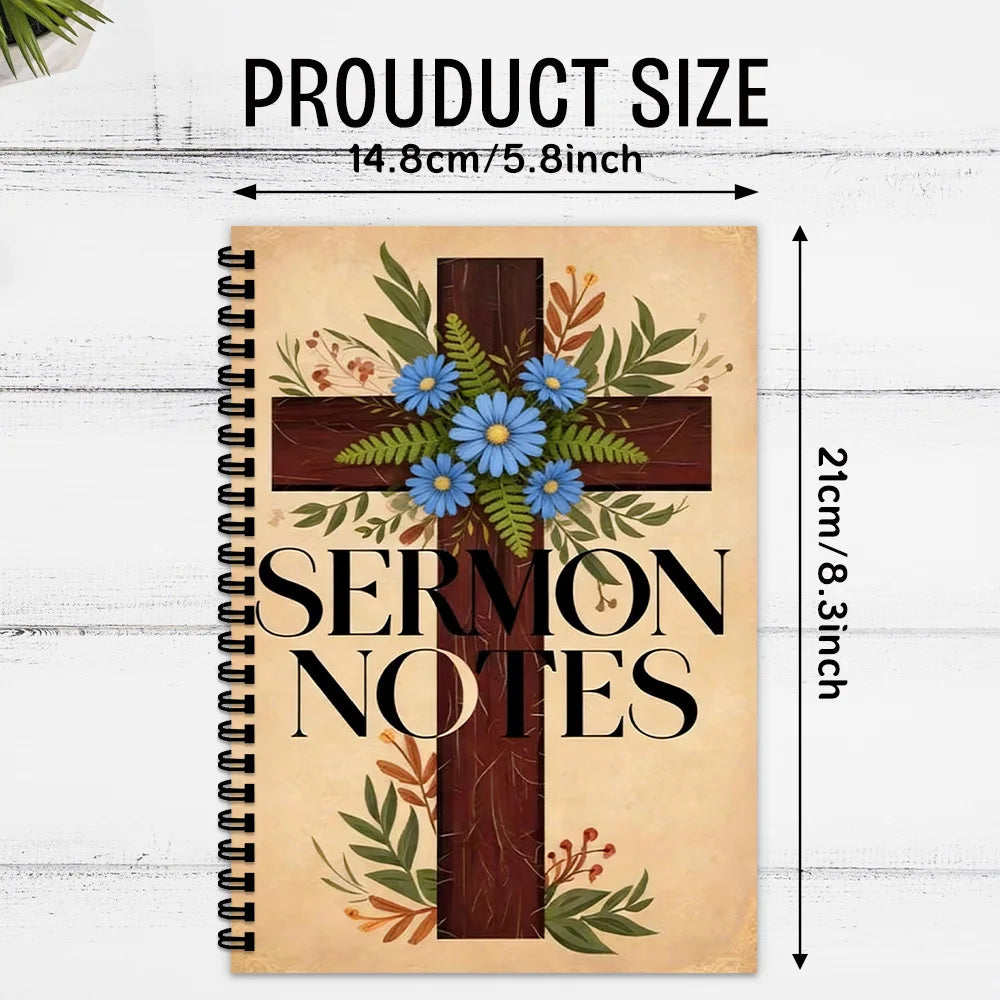 1PC Vintage Cross Floral Spiral Notebooks, Sermon Notes Journal for Church Service, Bible Study, Faith Reflection, Prayer Log, I