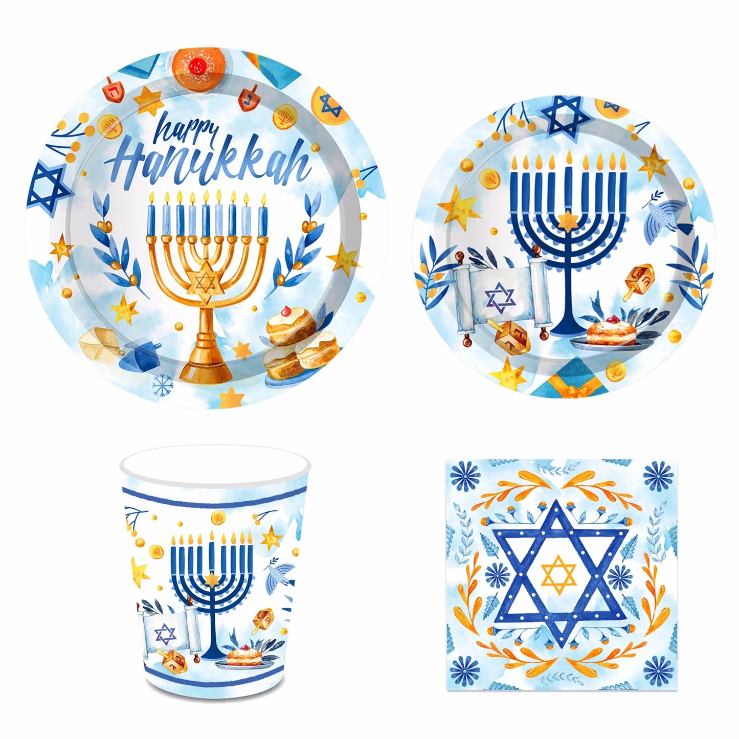 Happy Hanukkah Party Disposable Tableware Sets Paper Plates Cups Napkins Party Dinnerware Decor