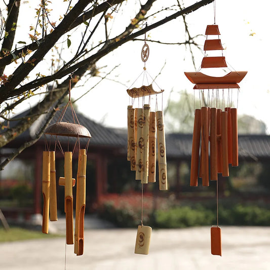 Natural Bamboo Outdoor Wind Chimes Handmade Vintage Style Garden Decor Hanging Ornament Eco-Friendly Home Door Window Decoration