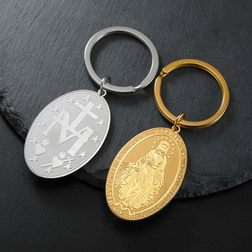Dawapara Virgin Mary Double Sides Pendant Keychain  Mother of God Sacred Hearts of Jesus Stainless Steel Keyring Accessories