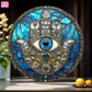 2D flat, 1 Hamsa hand wall decoration - turquoise blue and gold metal evil eye protection amulet "retro wooden sign