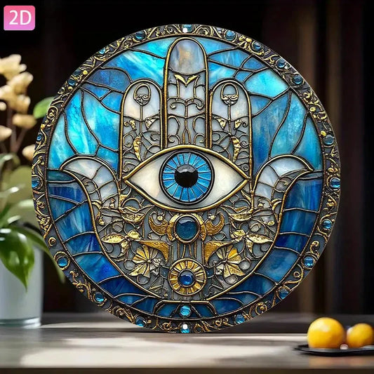 2D flat, 1 Hamsa hand wall decoration - turquoise blue and gold metal evil eye protection amulet "retro wooden sign
