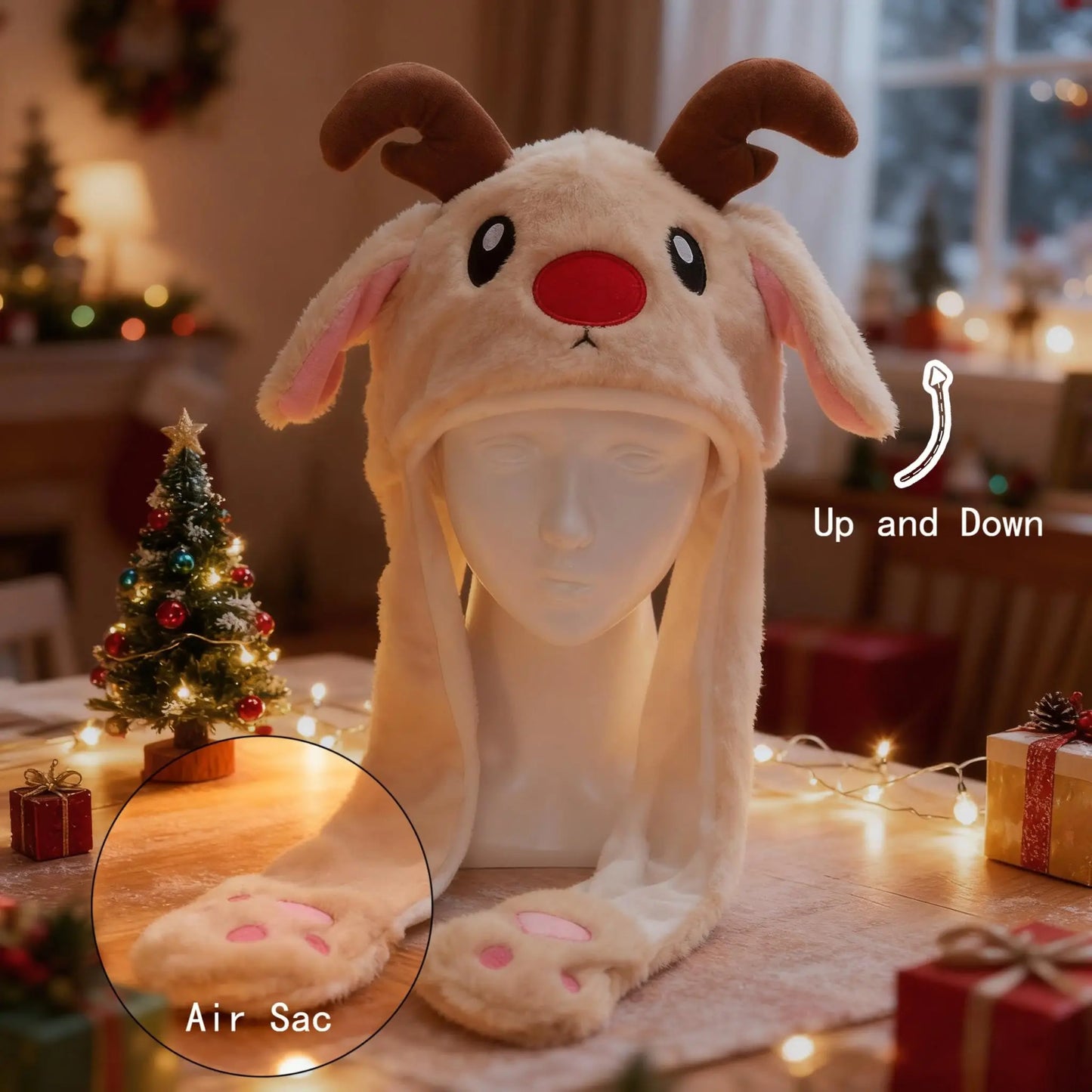 Plush Christmas Hat Interactive Game Windproof Elk Christmas Dress Up Doll Hat Cute Cartoon Santa Hat Ears Move Party Headdress