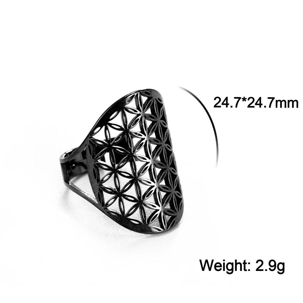 Unift Sacred Geometry Flower of Life Ring Adjustable Stainless Steel Ring Men Women Accessories Vintage Filigree Jewelry Gifts
