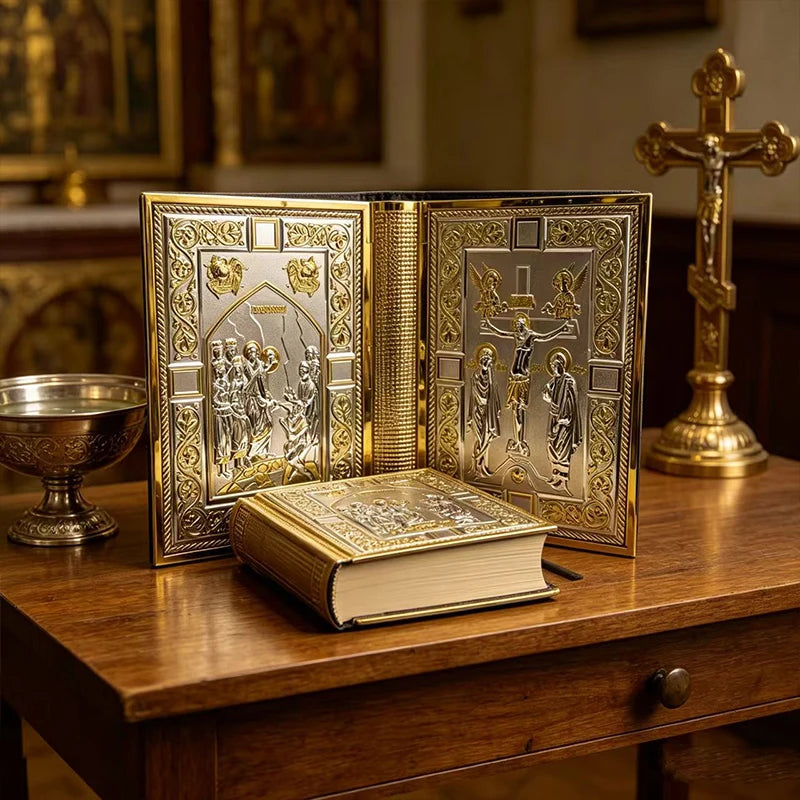Vintage Gold Plated Orthodox Bible Cover with Enamel Holy Icons for Church Liturgy Home Altar Prayer Devotion Christian Gift Dec