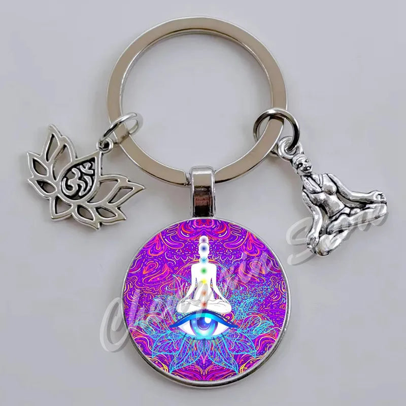 Indian Buddha Meditation 7 Chakra Mandala Psychedelic Yoga Glass Cabochon Keychain Ornament