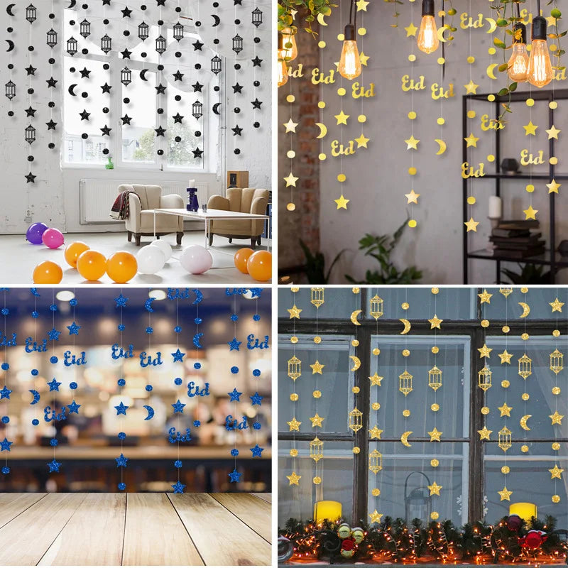 3M Gold Silver Star Moon Lantern Garland Ramadan Eid Mubarak Hanging Streamer Home Decoration Muslim Islamic Party 2025