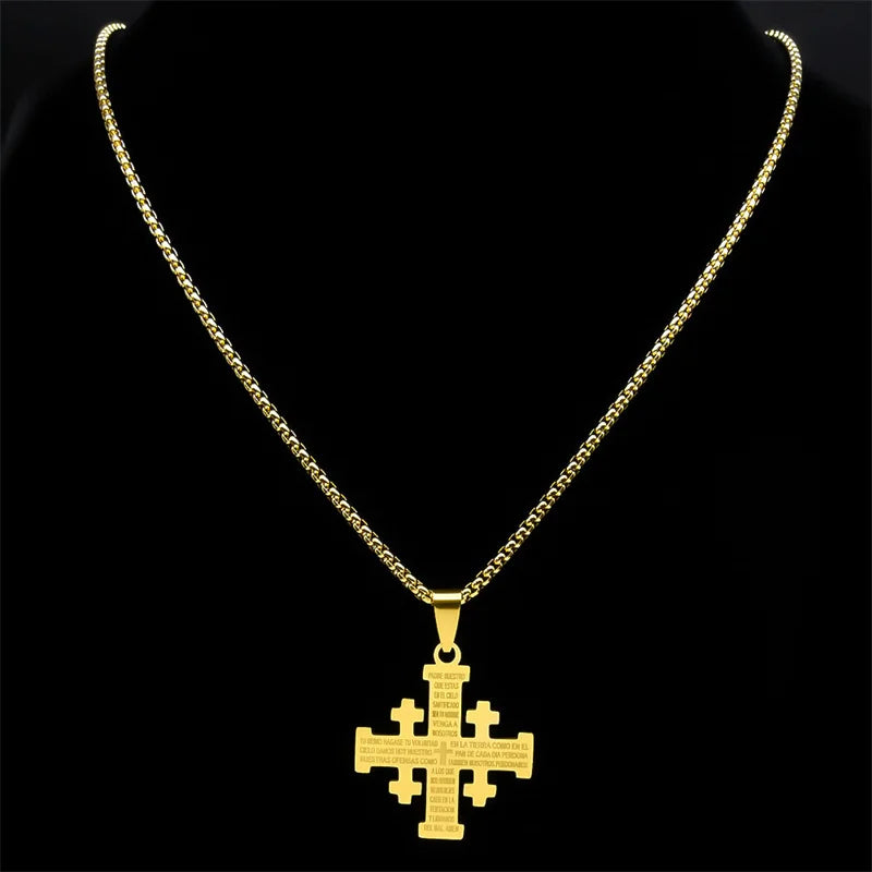 Christian Jerusalem Cross Pendant Necklace for Men Women Stainless Steel Bible Verse Lord's Prayer Chain Jewelry collar N3239S02