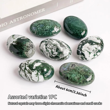 1pc Natural Crystal Moss Agate Palm Stone Reiki Healing Oval Pocket Palm Worry Stone Yoga Meditation Spiritual Healing Gem