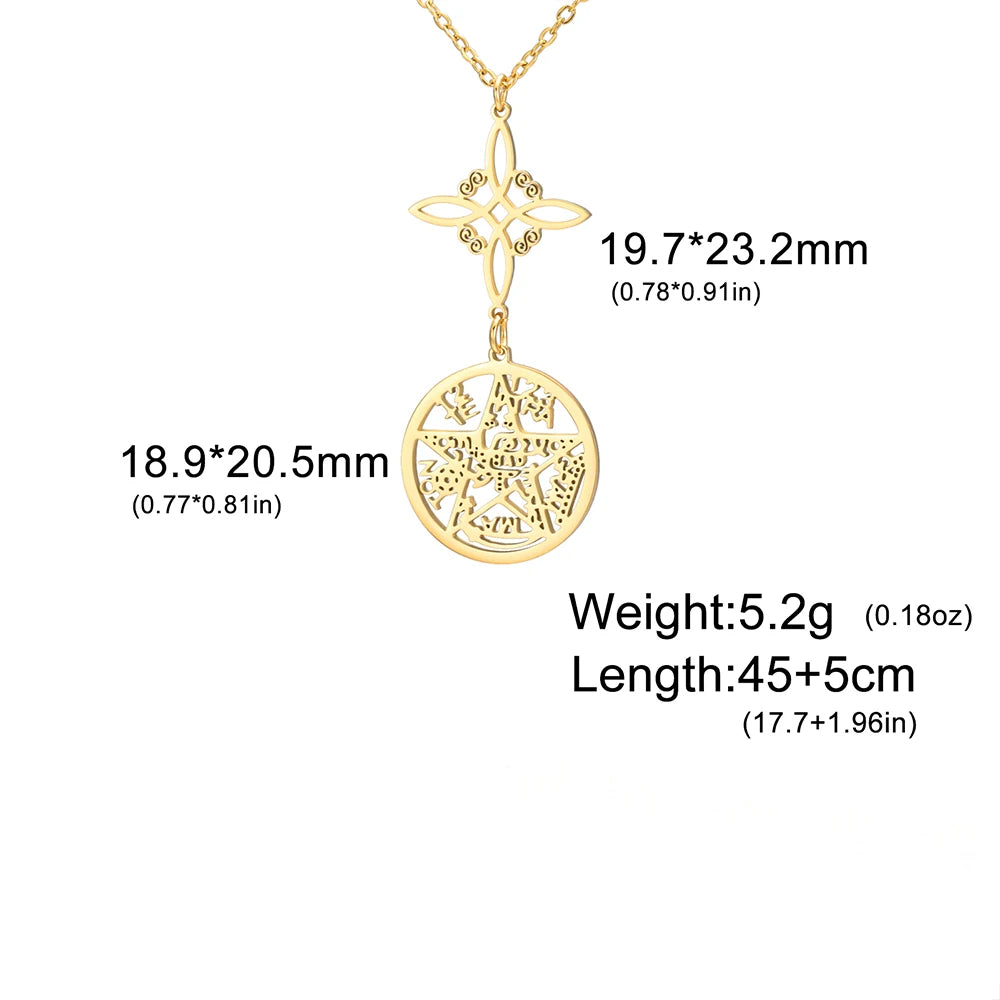 Double Amulet Protection Necklace witch Knot Pentagram Tetragrammaton Stainless Steel Protection Jewerly Wholesale