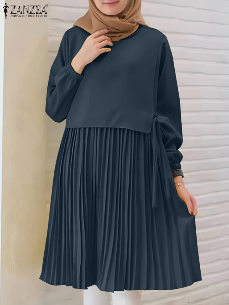 ZANZEA Women Chic Long Tops Islamic Muslim Fashion Hijab O-Neck Wrapped Pleated Hem Blouses Modest Tied Long Sleeve Solid Tunics