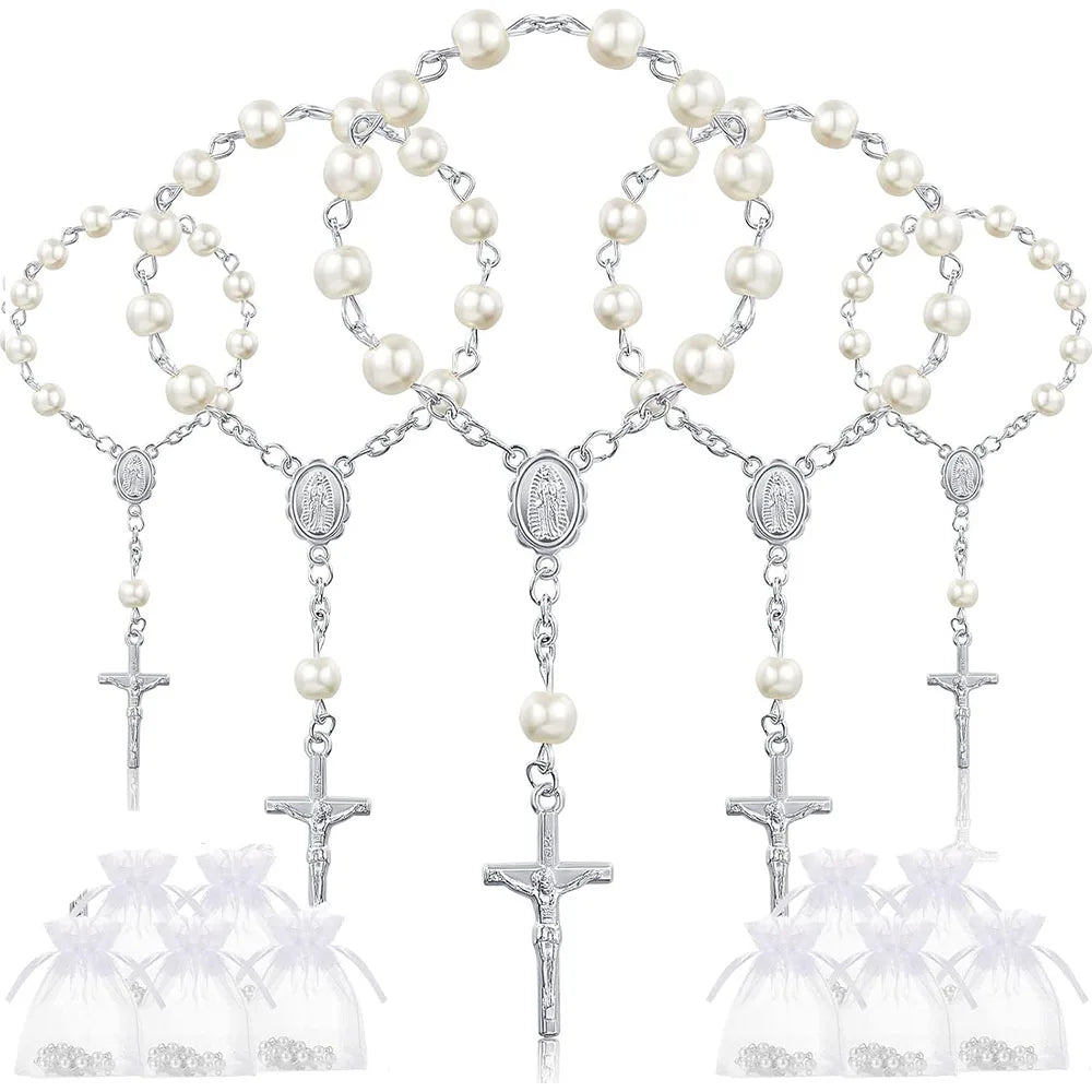 10-60 Pieces Mini Rosary Favors Baptism Favors Acrylic Rosary Beads Finger Baptism Rosaries with Organza Bags for Christening