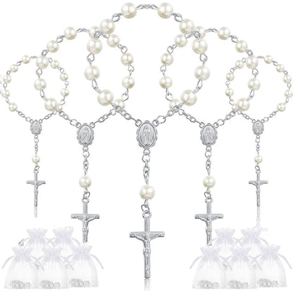 10-60 Pieces Mini Rosary Favors Baptism Favors Acrylic Rosary Beads Finger Baptism Rosaries with Organza Bags for Christening
