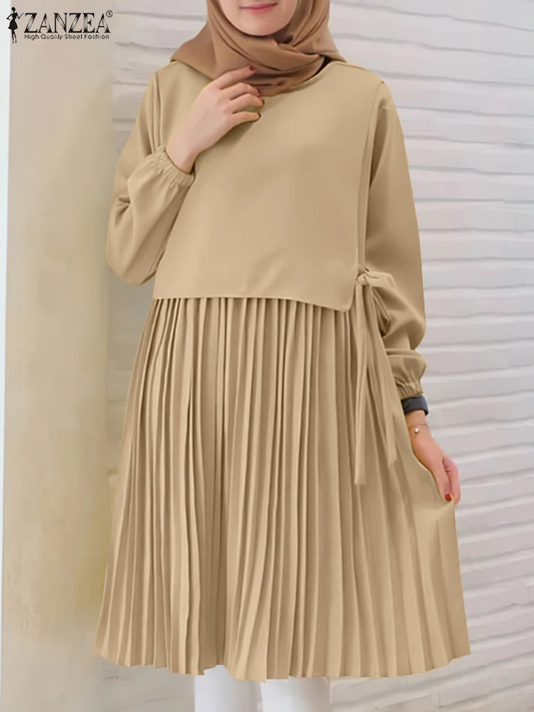 ZANZEA Women Chic Long Tops Islamic Muslim Fashion Hijab O-Neck Wrapped Pleated Hem Blouses Modest Tied Long Sleeve Solid Tunics