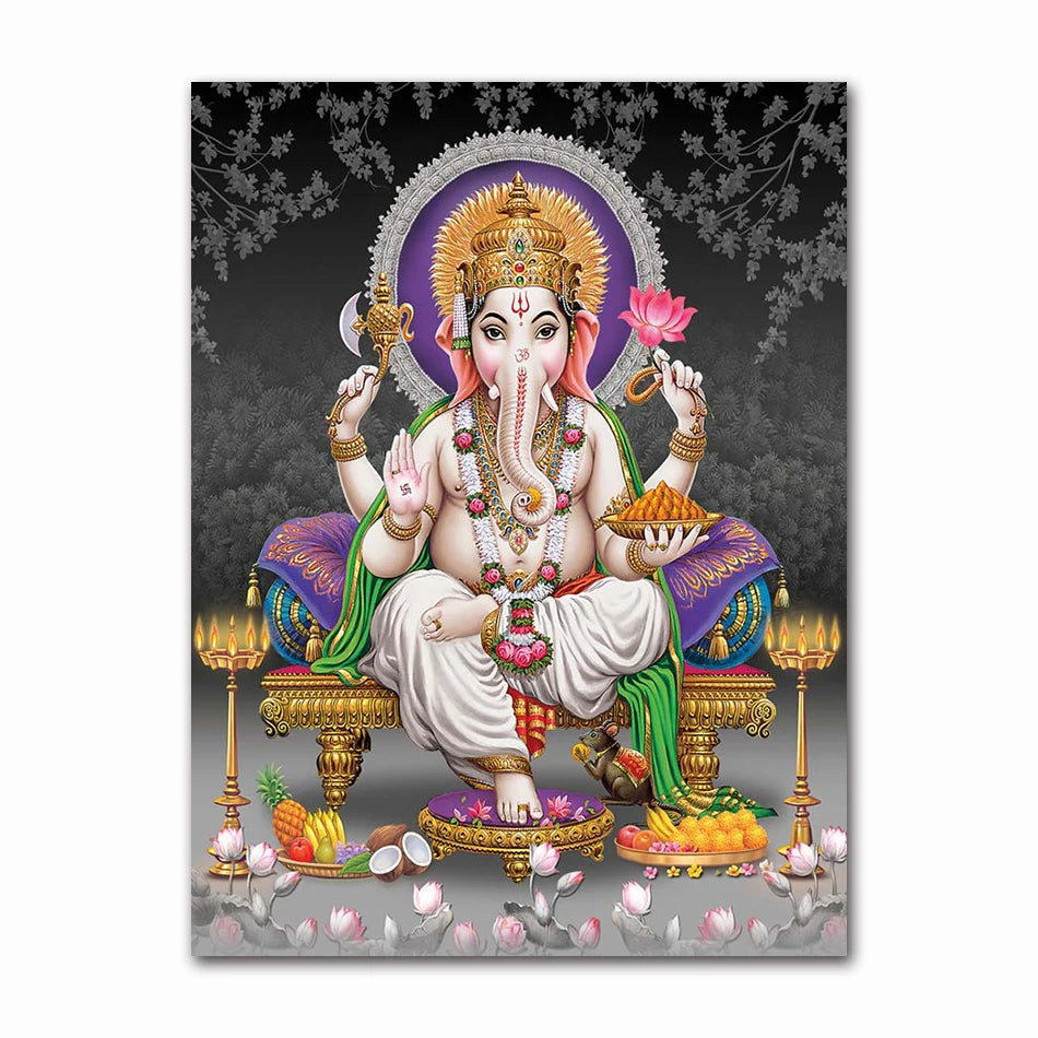 India Hindu Golden Ganesha Temple Poster Shiva Parvati Painting Canvas Prints Elephant God Religion Picture Room Hoom Wall Decor