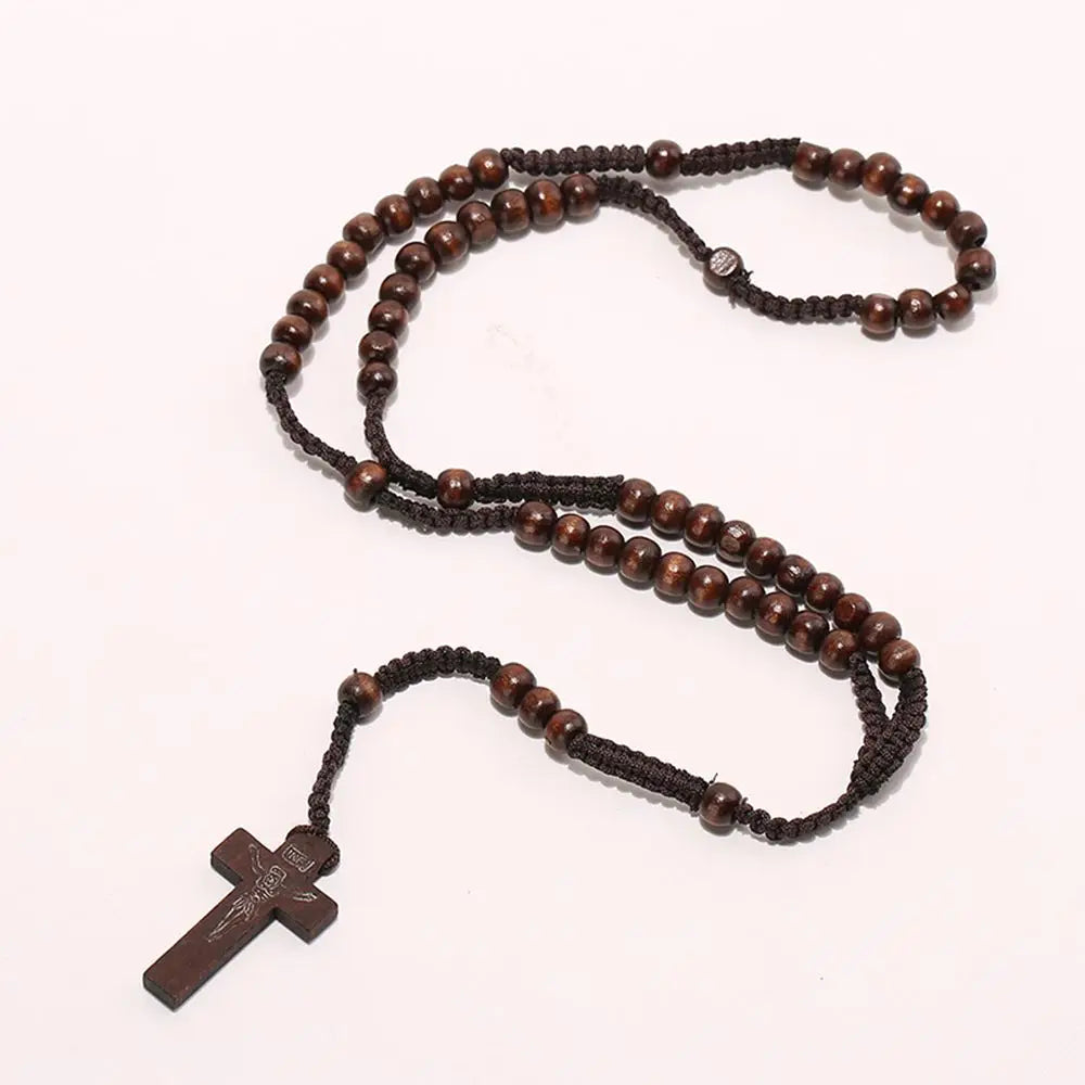 Christ Jesus Wooden Beads 8mm Rosary Bead Cross Pendant Woven Rope Chain Necklace Religious Orthodox Praying Jewelry Chain Decor
