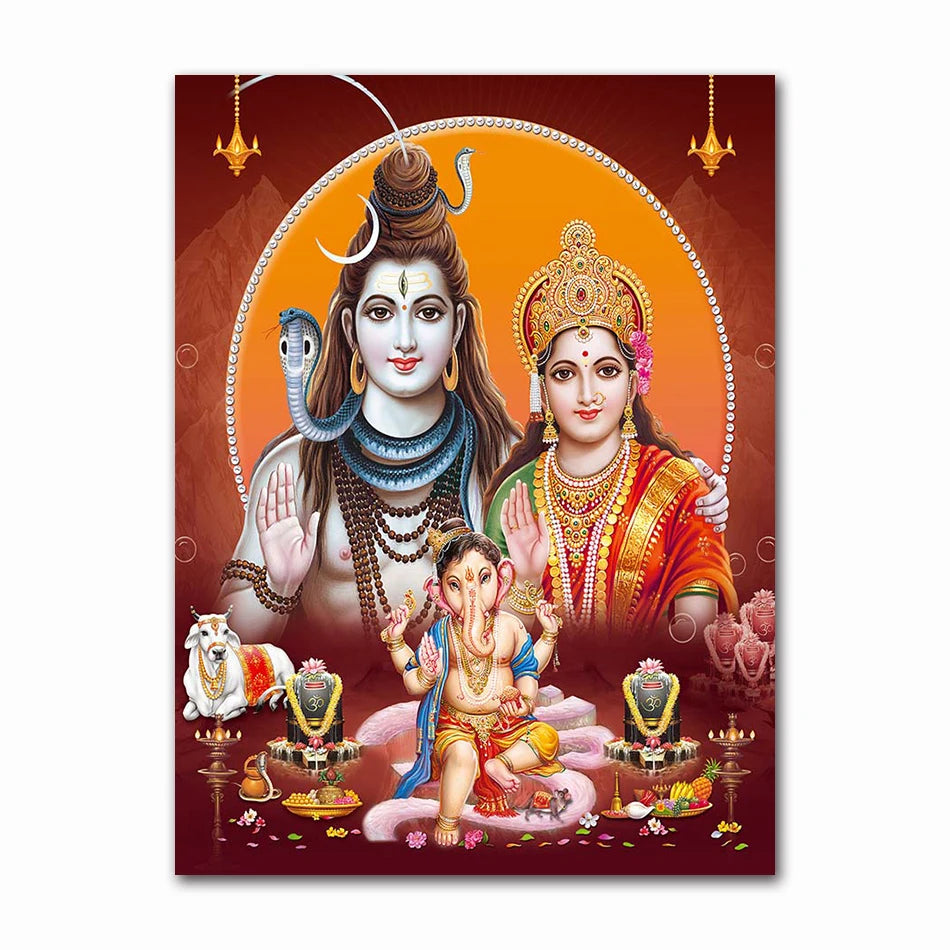 India Hindu Golden Ganesha Temple Poster Shiva Parvati Painting Canvas Prints Elephant God Religion Picture Room Hoom Wall Decor