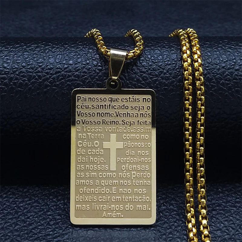Chrisitian Cross Bible Verse Prayer Necklace Stainless Steel Portuguese Religious Necklaces Jewelry collar hombre N2035S02