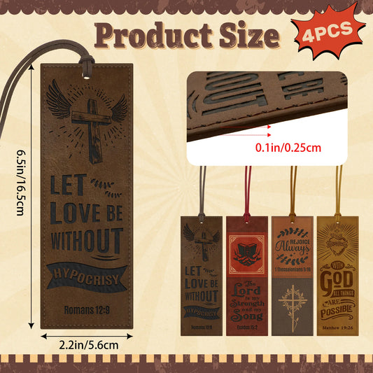 4PCS Inspirational Bible Verse PU Leather Bookmarks for Religious Book Lovers,Readers, Unisex, Teachers, Church, Sunday School