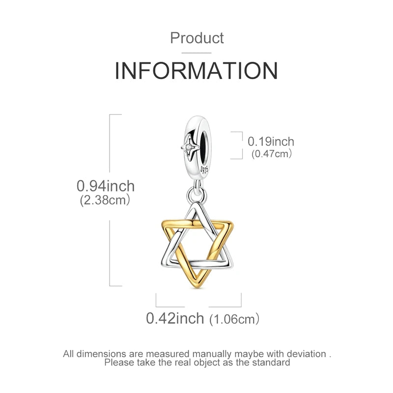 925 Sterling Silver Hexagram Star of David Pendant Jewish Bless Charm Fit Original Charm Bracelets Women DIY Jewelry Gift
