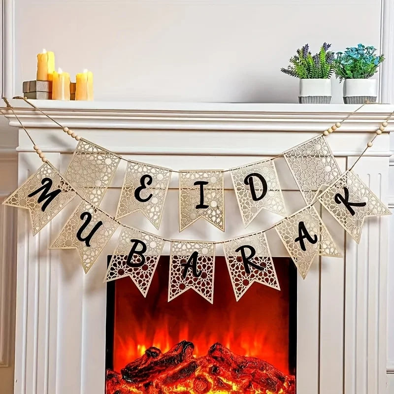 2pcs Eid Mubarak Banner Wooden Ramadan Mubarak Decoration Easy Beads Ramadan Decoration Banner Muslim Party Decoration Supplies