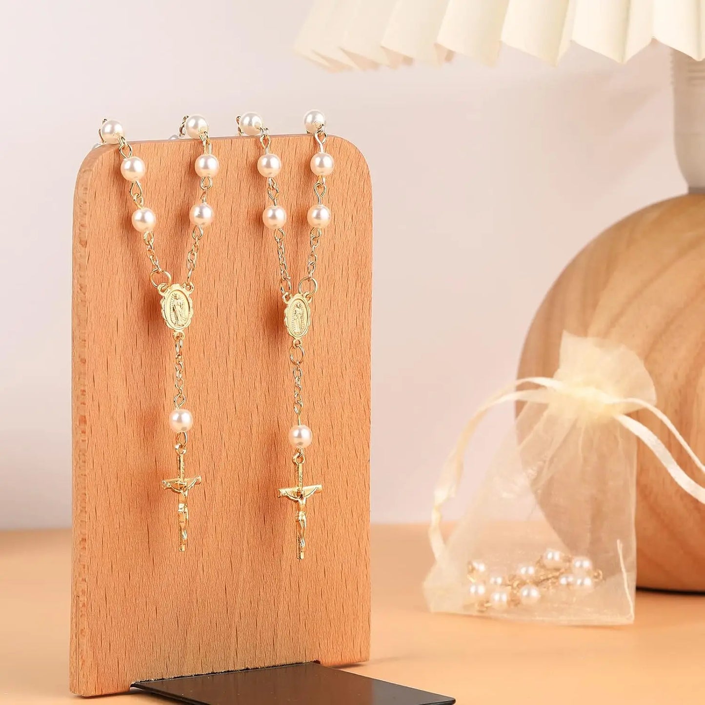 10-60 Pieces Mini Rosary Favors Baptism Favors Acrylic Rosary Beads Finger Baptism Rosaries with Organza Bags for Christening