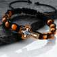 Crucifix Cross Beaded Bracelets for Men, Brown Wooden Bead Adjustable Woven Rosary Wristband,Religous Jewelry