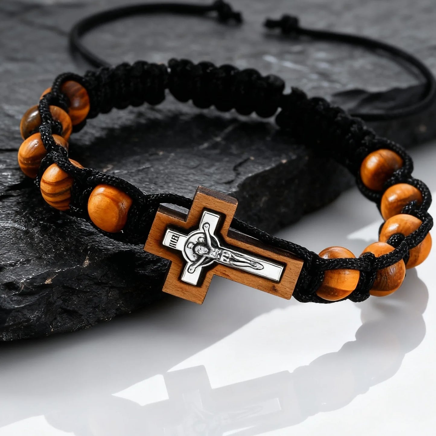 Crucifix Cross Beaded Bracelets for Men, Brown Wooden Bead Adjustable Woven Rosary Wristband,Religous Jewelry