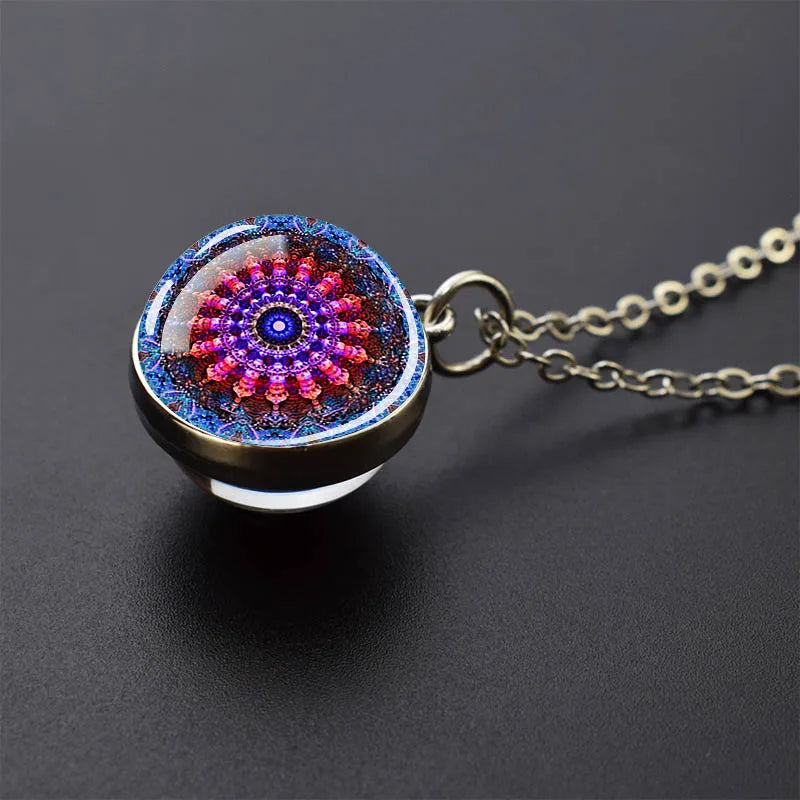 Sacred Geometry-Metatron's Cube Necklaces Sri Yantra Mandala Double Side Glass Ball Pendant Necklace Buddhist Yoga Jewelry Gift