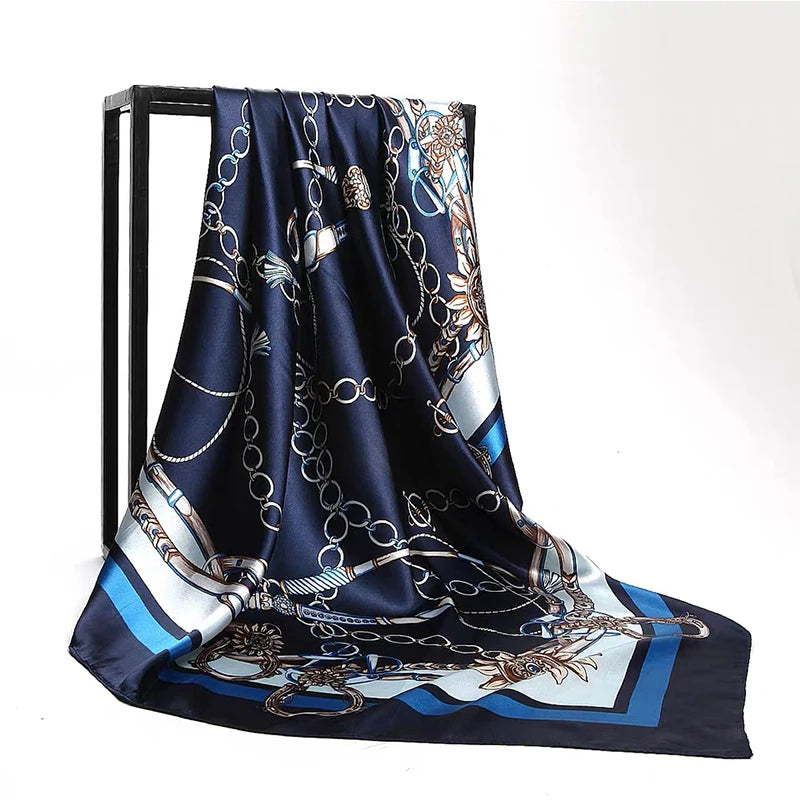 90*90cm Women Square Silk Scarf Luxury Brand Large Shawl Neckerchief Print Headband Female Foulard Bandana Wraps Hijab Scarves