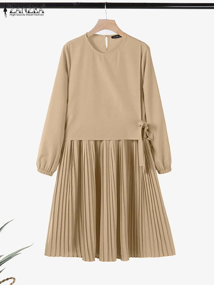 ZANZEA Women Chic Long Tops Islamic Muslim Fashion Hijab O-Neck Wrapped Pleated Hem Blouses Modest Tied Long Sleeve Solid Tunics