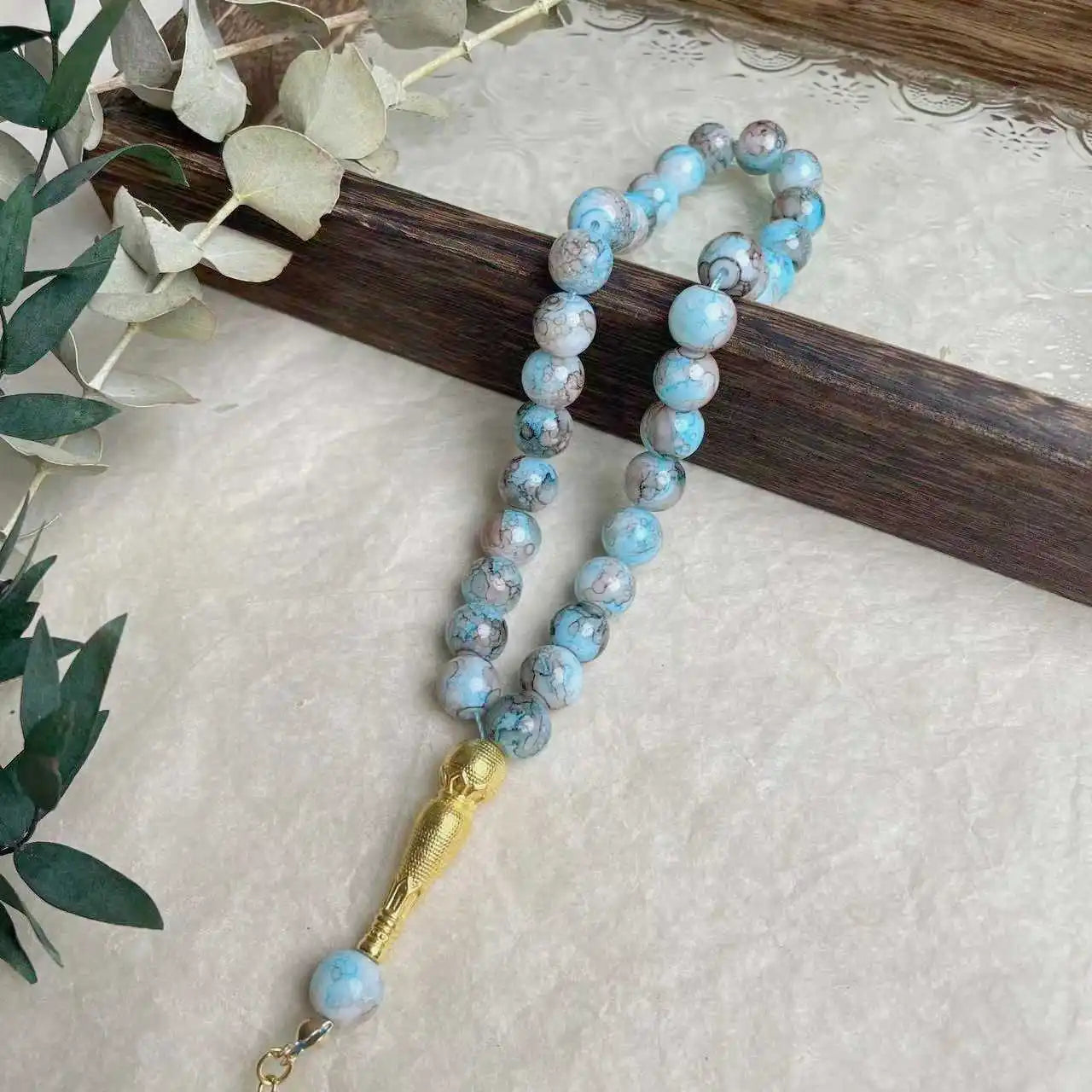 10mm Large Flower Beads 33pcs Glass Prayer Beads Muslim Tasbih Golden Tassel Handmade Rhombus Shape Retro Style Jewelry