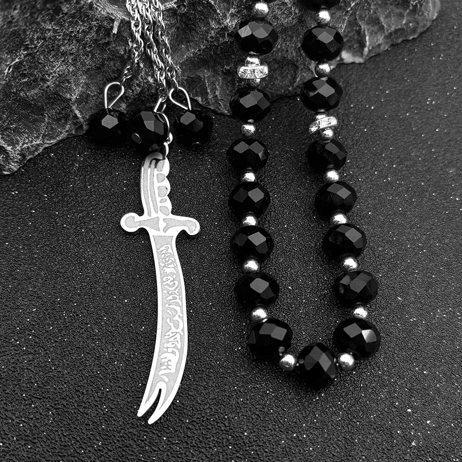 Islamic Imam Ali Zulfiqar Sword Car Pendant for Women Men Stainless Steel Gold Color Arabic Religion Blue Glass Chain Jewelry