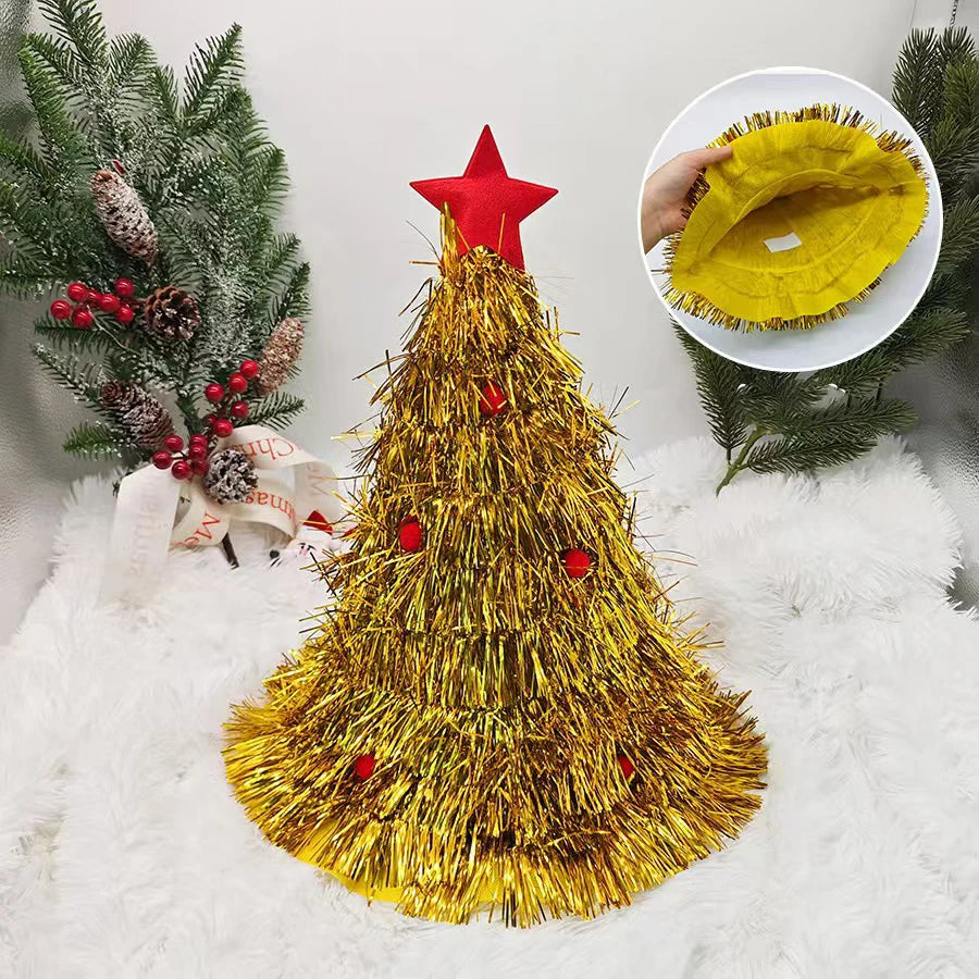 Christmas Tree Hats Fabric Rain Silk Hat for Adults Kids Funny Santa Hat with Tinsel Xmas Holiday Party Costume New Year Decor