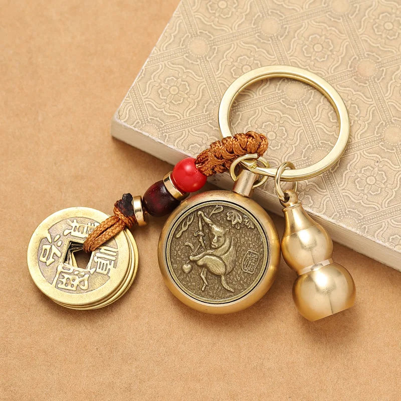 Brass Five Emperors Money Twelve Zodiac Key Chain Turnaround keyChain For Gfit Car Accessories Popular  In Scenic Spots